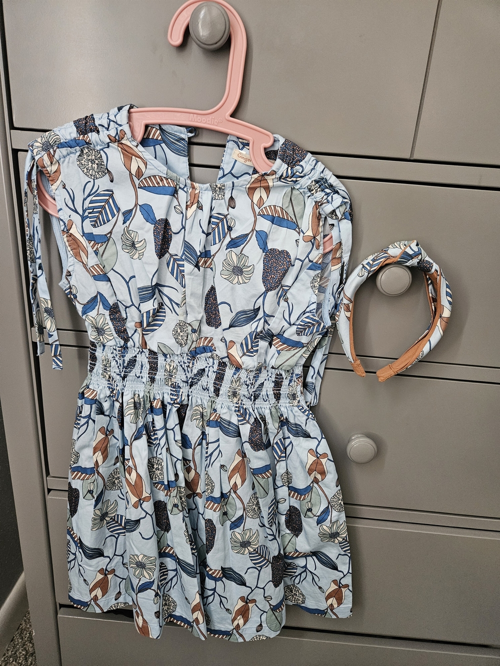 Girls' Blue Floral Smocked Waist Dress with Headband